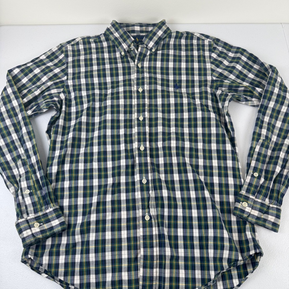 Ralph Lauren Mens Custom Fit Plaid Button Down Shirt‎ Navy Green Yellow Size M